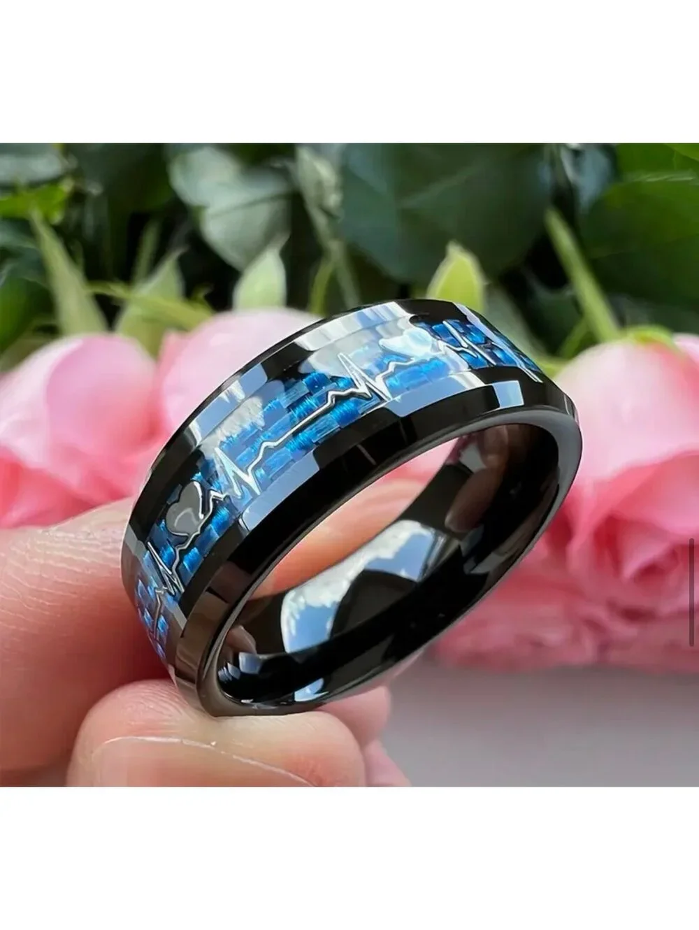 New - Stylish Stainless Steel 8mm Ring with Heartbeat Design - Size 10